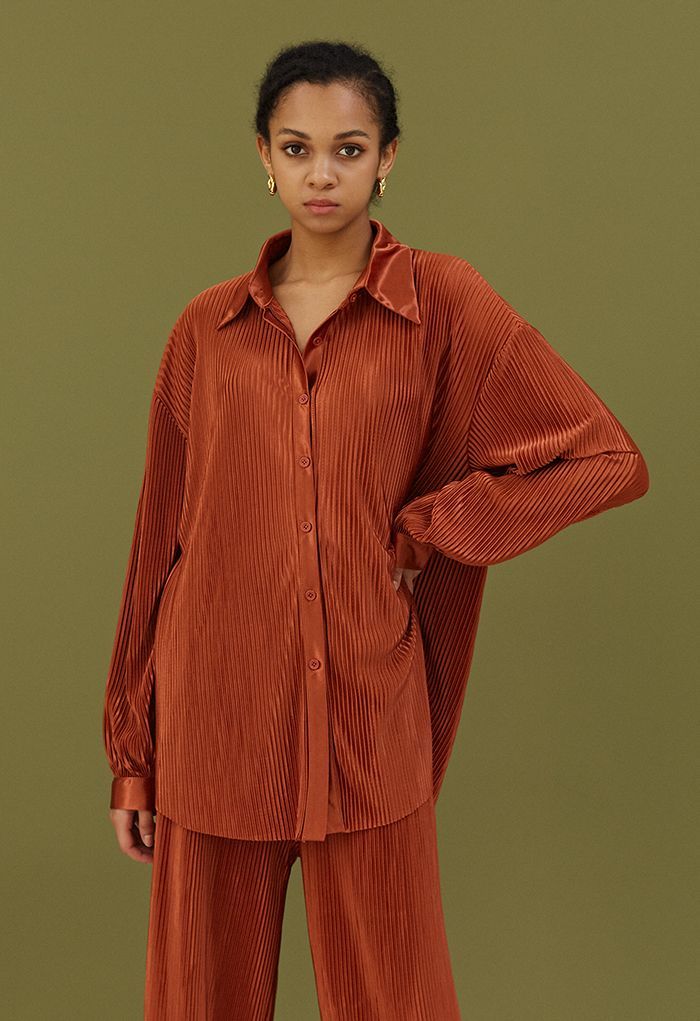 Full Pleated Plisse Shirt and Pants Set in Pumpkin | Chicwish