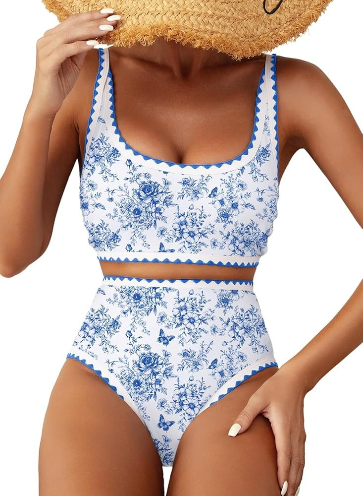 Herseas Women's Bikini Sets Floral Print Whip Stitch 2 Piece Swimsuits High Waisted Scoop Bathing... | Amazon (US)