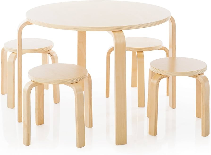 Guidecraft Nordic Table and Chairs Set for Kids: Natural - 4 Stacking Bentwood Stools with Curved... | Amazon (US)