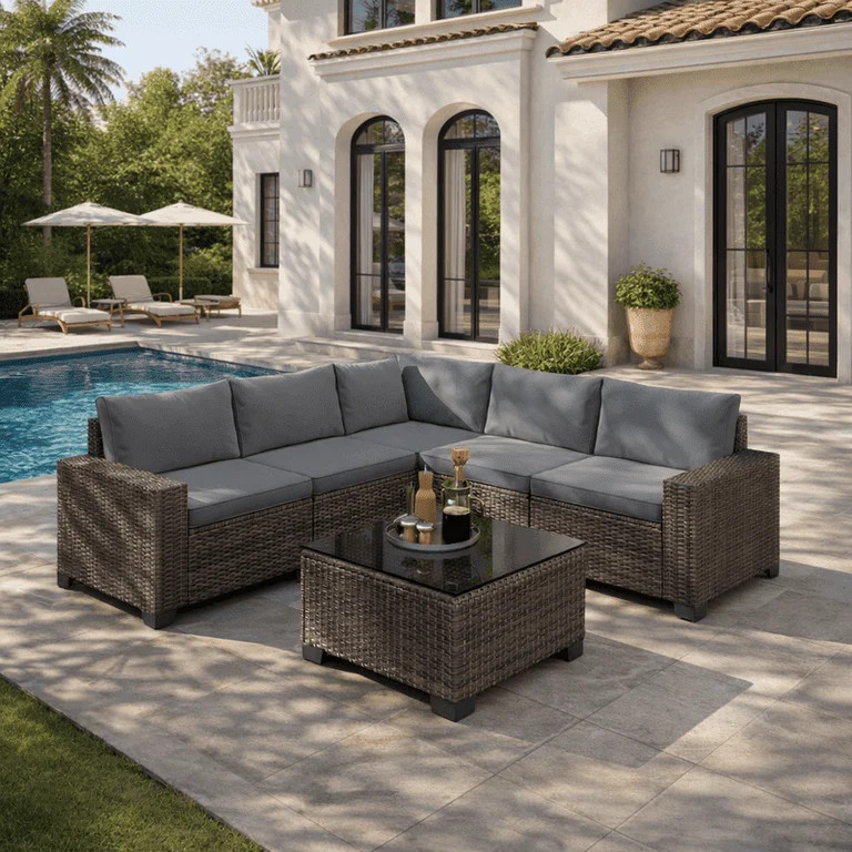 Aiho Outdoor Patio Furniture Set with All Weather Wicker, 6 Pieces Outdoor Sectional Sofa with So... | Walmart (US)