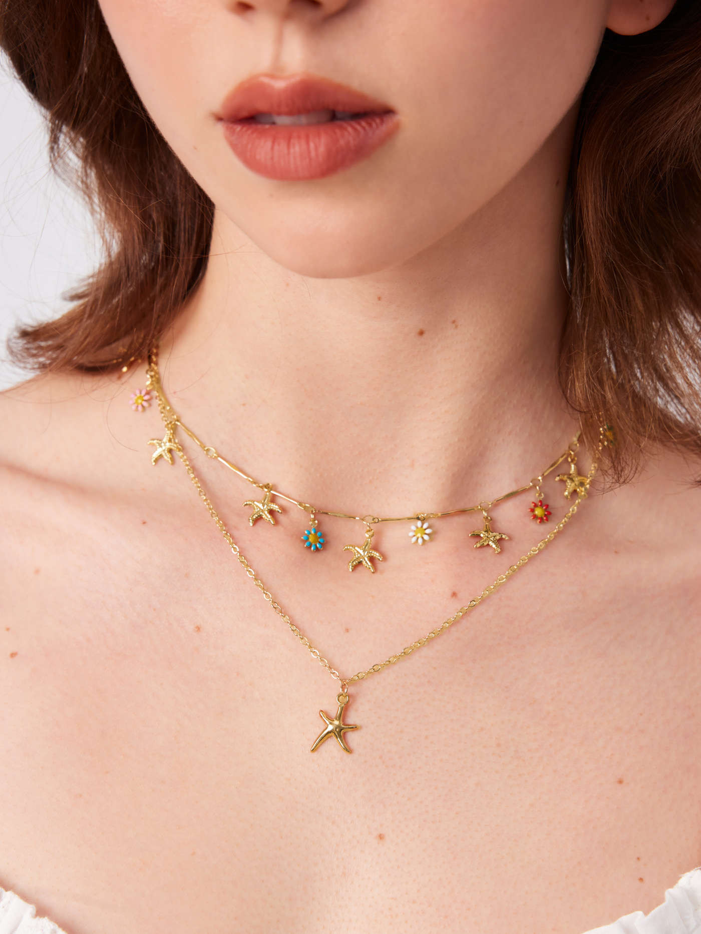 Alloy DOUBLE LAYERED STARFISH & FLOWER NECKLACE For Vacation Beach | Cider