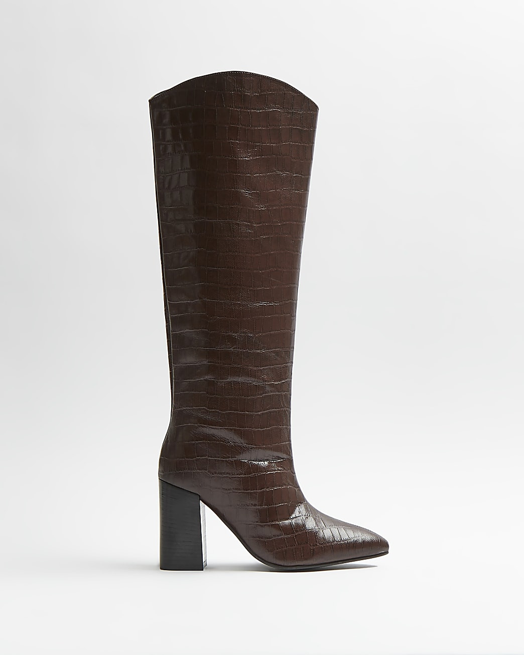 Brown croc embossed knee high heeled boots | River Island (UK & IE)