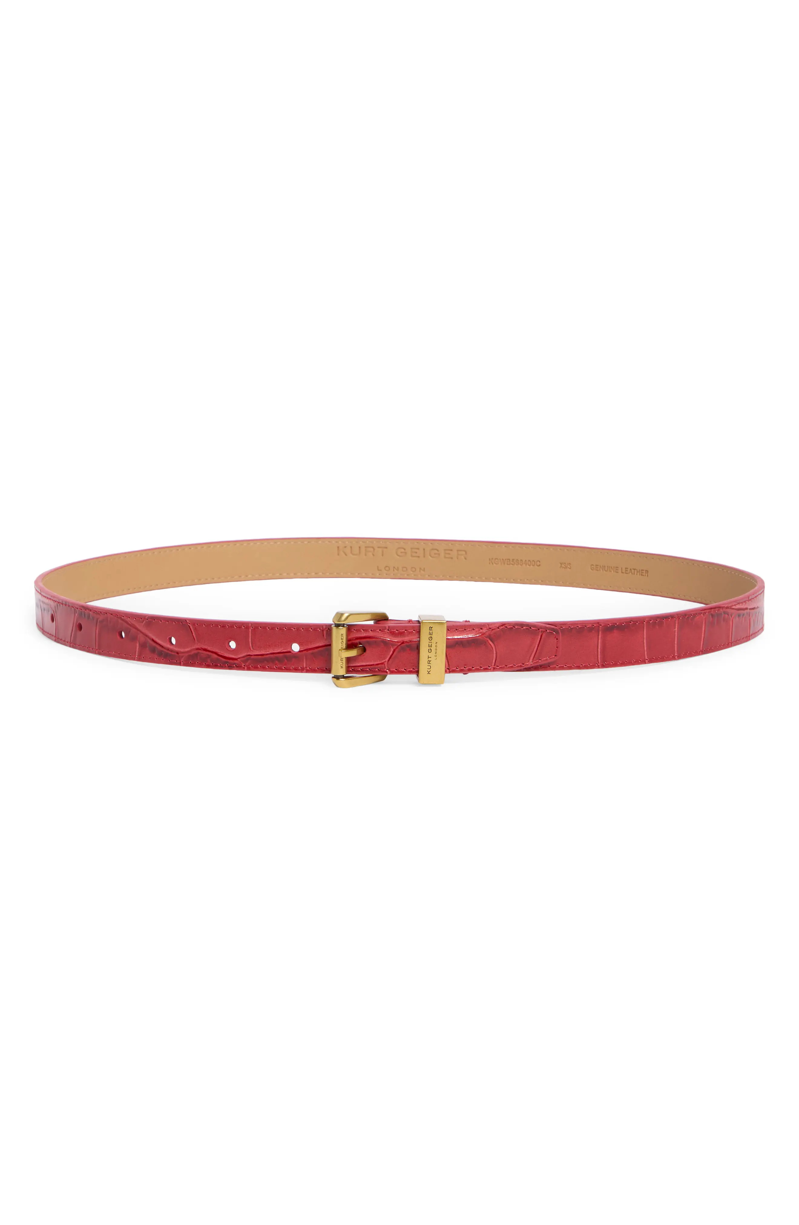 Kurt Geiger London Croc Embossed Leather Skinny Belt in Red /Antique Brass at Nordstrom Rack, Size Xs/s | Nordstrom Rack