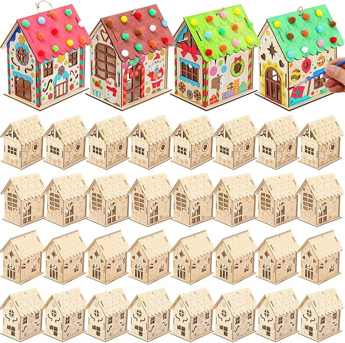 12 Pcs Wood Gingerbread House Craft Kit for Kids DIY Wooden Christmas Birdhouse Craft Kits Holida... | Amazon (US)