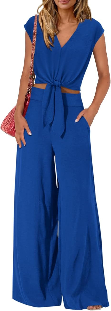 PRETTYGARDEN Women's Summer 2 Piece Outfits 2025 Cap Sleeve V Neck Belted Crop Tops Wide Leg Pant... | Amazon (US)