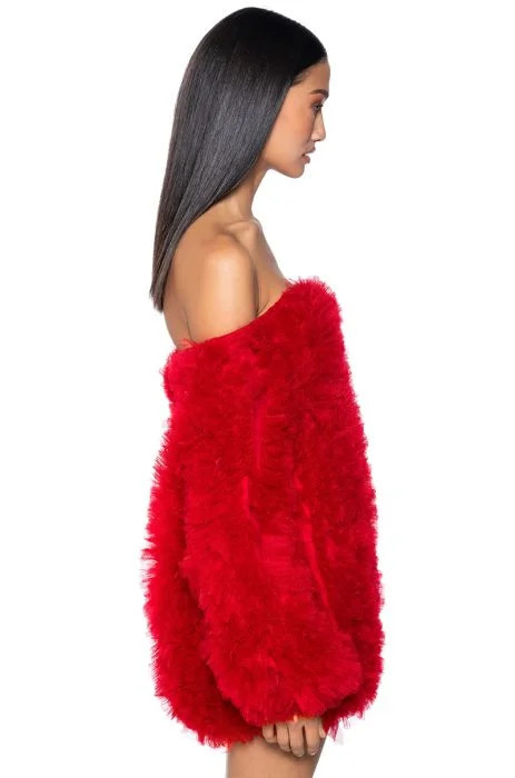LOOFAH OFF THE SHOULDER MINI DRESS in red, pink | AKIRA