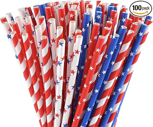 ALINK American Flag Red Blue White Paper Straws, 100 Stripe/Star Biodegradable Straws for Memoria... | Amazon (US)