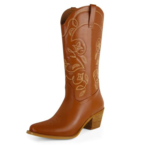 Ouepiano Women's Cowboy Boots Western Cowgirl Mid Calf Boots Embroidered R-Toe Medium Chunky Heel 5cm Cowgirl Boots for Party, Concert, Dance | Amazon (US)