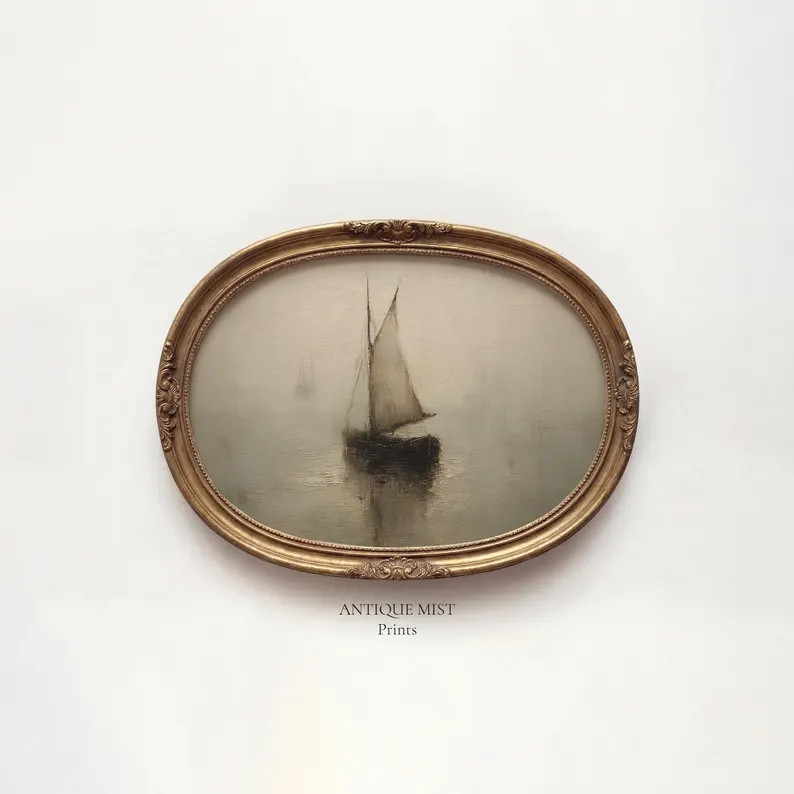 Moody Sailboat on Foggy Water - Vintage Coastal Landscape Art, Neutral Nautical Print, Rustic Dec... | Etsy (Global)