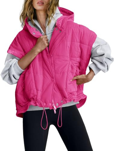 SENSERISE Womens Oversized Puffer Vest Sleeveless Quilted Jacket Zip Up Hooded Puffy Vest Ponchos Coats with Pockets(Hot Pink,S) | Amazon (US)