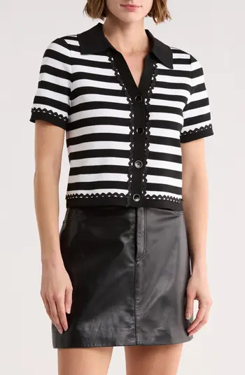Ellen Tracy Stripe Lace Trim Short Sleeve Cardigan | Nordstromrack | Nordstrom Rack