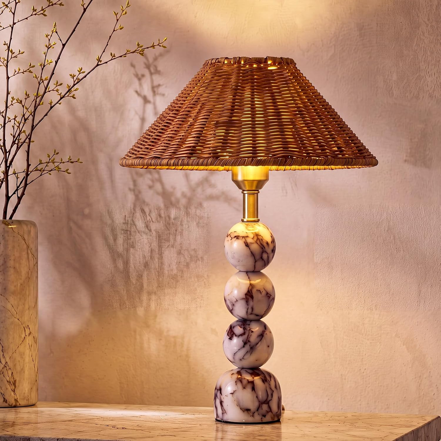 Gerrii Marble Lamp with Hand-Woven Rattan Shade, Luxury Marble Stacked Ball Table Lamp, 15" Stone Artistic Vintage Bedside Night Light for Living Room, Console, Entryway, Gift | Amazon (US)