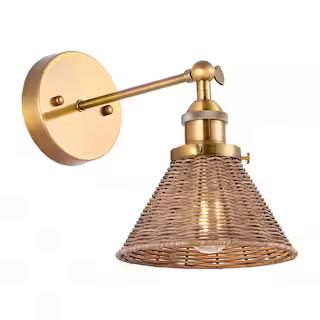 6.88 in. 1-Light Gold Sconce Wall Sconce Light with Rattan Shade | The Home Depot