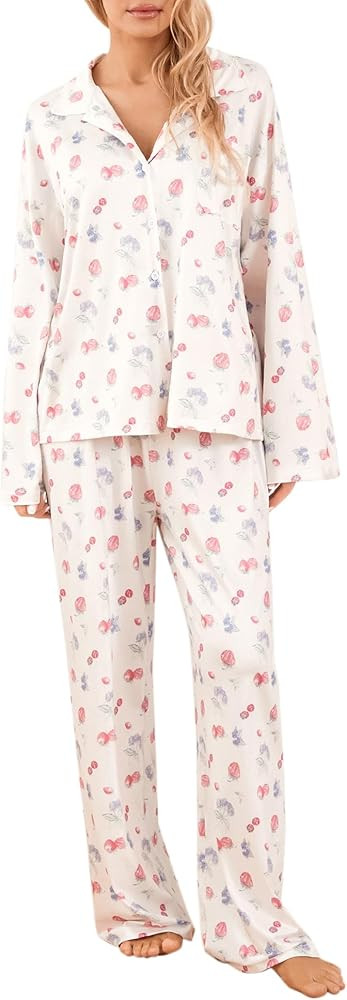 Seyurigaoka Women 2 Piece Floral Pajamas Lounge Set Y2K Fruit Long Sleeve Shirt Wide Leg Pants Sl... | Amazon (US)
