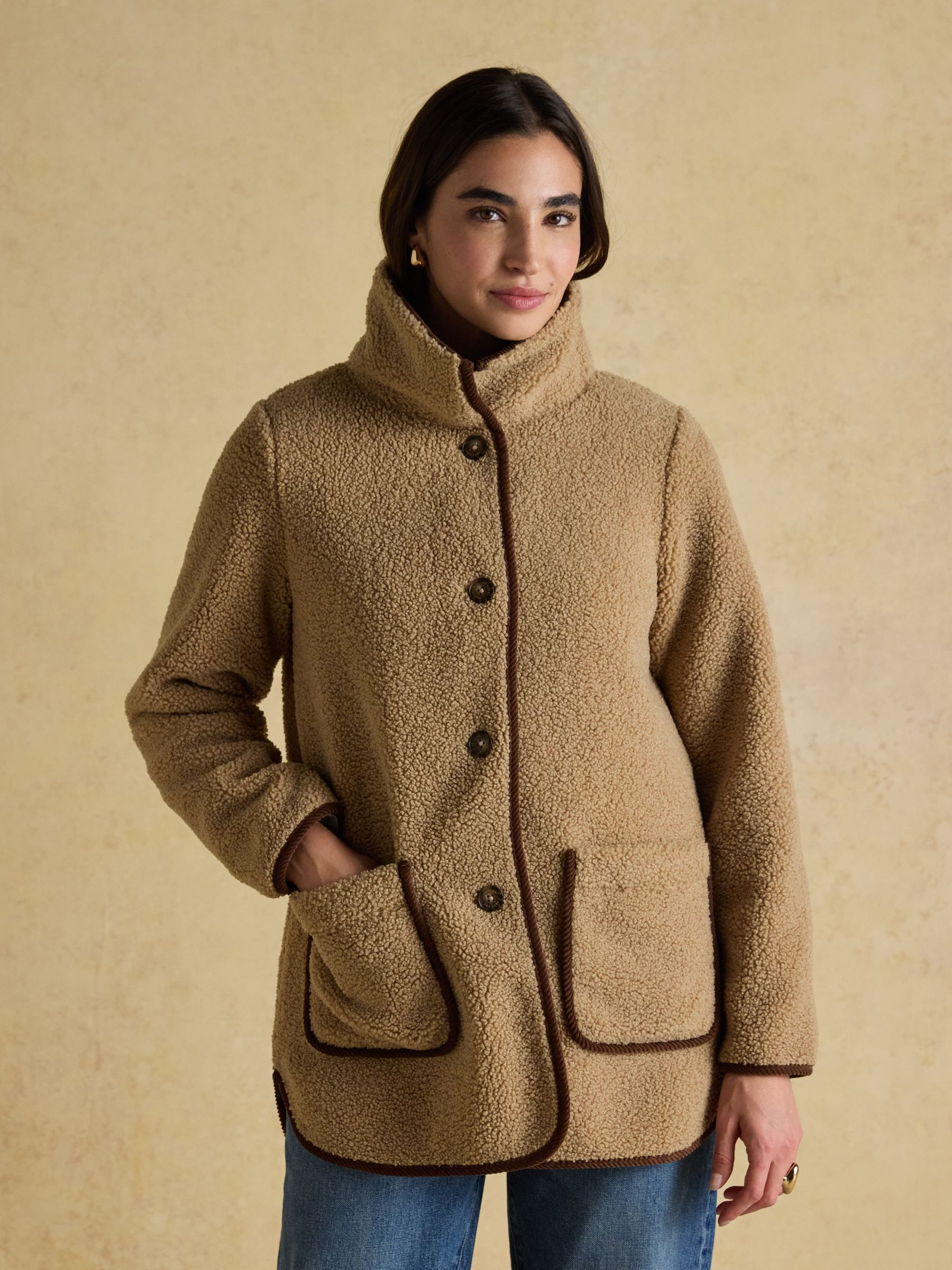 Sadie Taupe Longline Fleece Jacket with Button Fastening | Joules | Joules