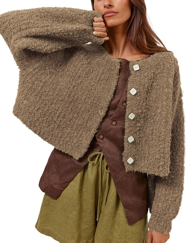 Lviefent Women Knit Cardigans Fluffy Casual Open Front Button Down Long Sleeve Cropped Sweater Ja... | Amazon (US)