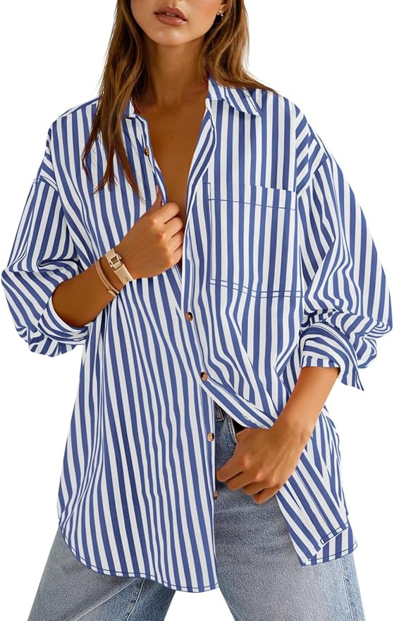 Cicy Bell Womens Oversized Striped Button Down Shirts Boyfriend Long Sleeve Collared Work Blouses | Amazon (US)