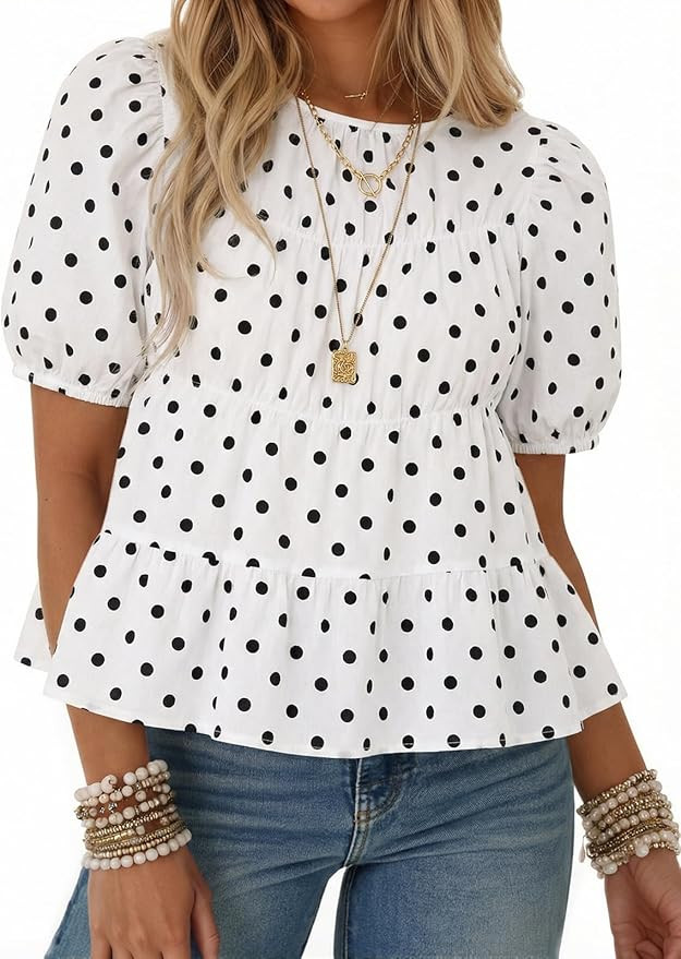 Tankaneo Womens Puff Sleeve Peplum Babydoll Tops Summer Flowy Pleated Cotton T-Shirts Casual Loos... | Amazon (US)