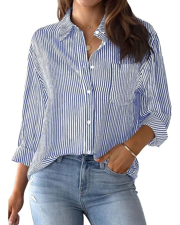 AISEW Womens Button Down Shirts Striped Classic Long Sleeve Collared Office Work Blouses Tops wit... | Amazon (US)