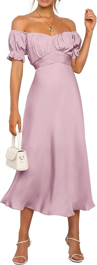 KIRUNDO 2023 Summer Women's Satin Midi Dresses Off Shoulder Wrap Ruched Wedding Guest Party Cockt... | Amazon (US)