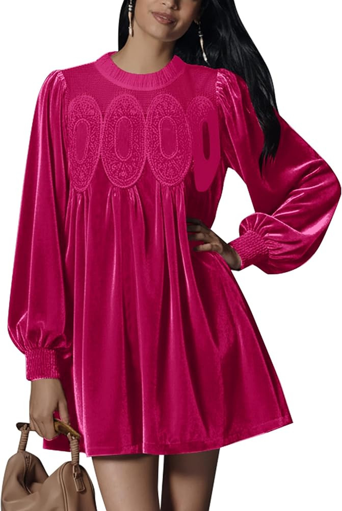 Women’s Velvet Lace Patchwork Babydoll Dress Puff Long Sleeve Ruffle Swing Loose Fit Crew Neck ... | Amazon (US)