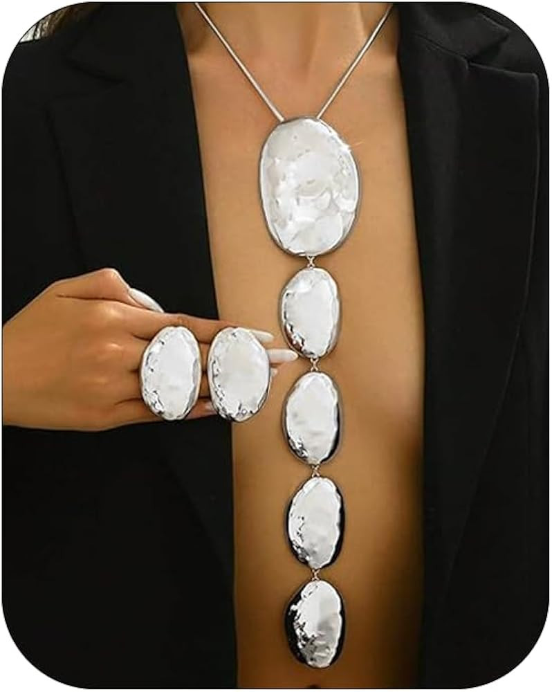 Statement Necklace Earrings Set Gold Chunky Geometric Hammered Pendant Necklace Earrings Retro Ir... | Amazon (US)