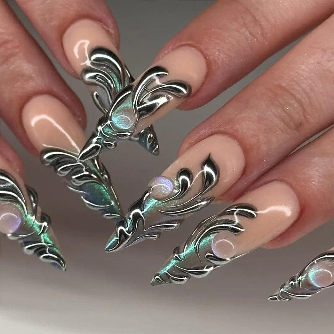 Holographic Chrome Press on Nails | Luxury Metallic Sculpted Nails | Statement Nail Art Design | ... | Etsy (US)