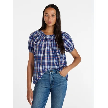 Time and Tru Women s Ruffle Neck Cotton Top with Short Puff Sleeves  Sizes XS-XXXL | Walmart (US)
