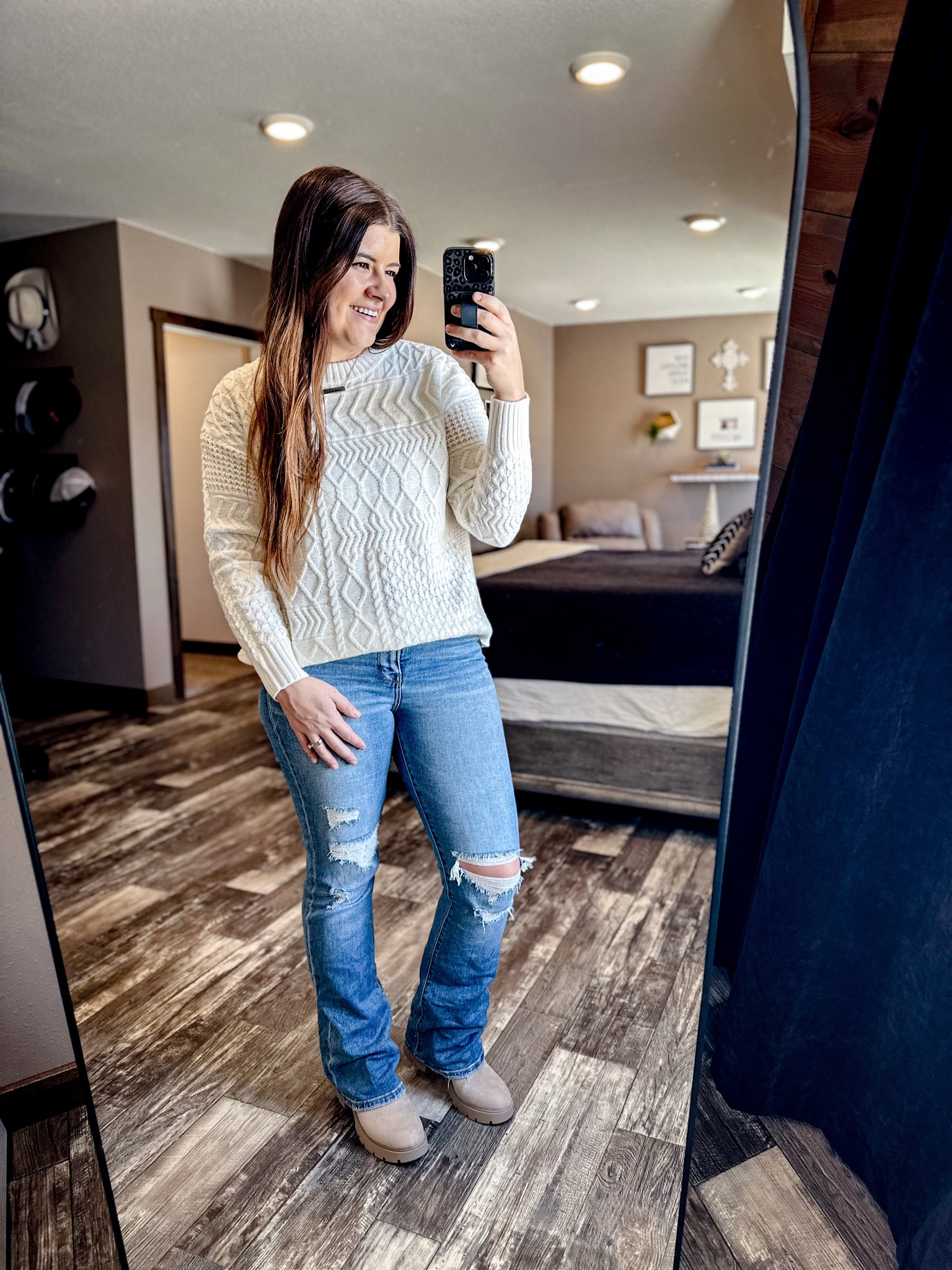 Sharing some of my favorite Walmart fashion finds! This sweater is totally something I remember trying to convince my mom to get rid of when I was a kid 🤣 but now here I am in 2024 obsessing over it!  You can catch me wearing this on Thanksgiving! I’m wearing a size large to get more of the oversized look (and to cover that bloated belly I’m about to get from all of my moms delicious cooking thanksgiving day 🤣♥️) and it’s only $17.98.! And the boots (I’m in my normal size 10)….. they are on roll back for $19.98! Seriously, I cannot get over these prices 🤯 

#walmartfashion #walmart #giftideas #rollback #salealert 

#LTKFindsUnder50 #LTKSaleAlert #LTKMidsize