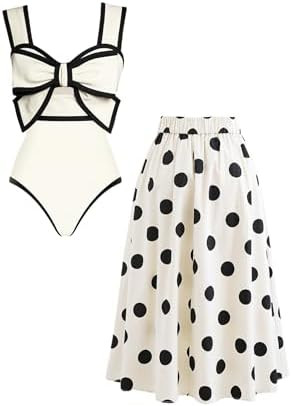 FLAXMAKER Black and White Swimsuit Bow-tie Decor Women's Polka dot Print Skirt One Piece Bathing ... | Amazon (US)