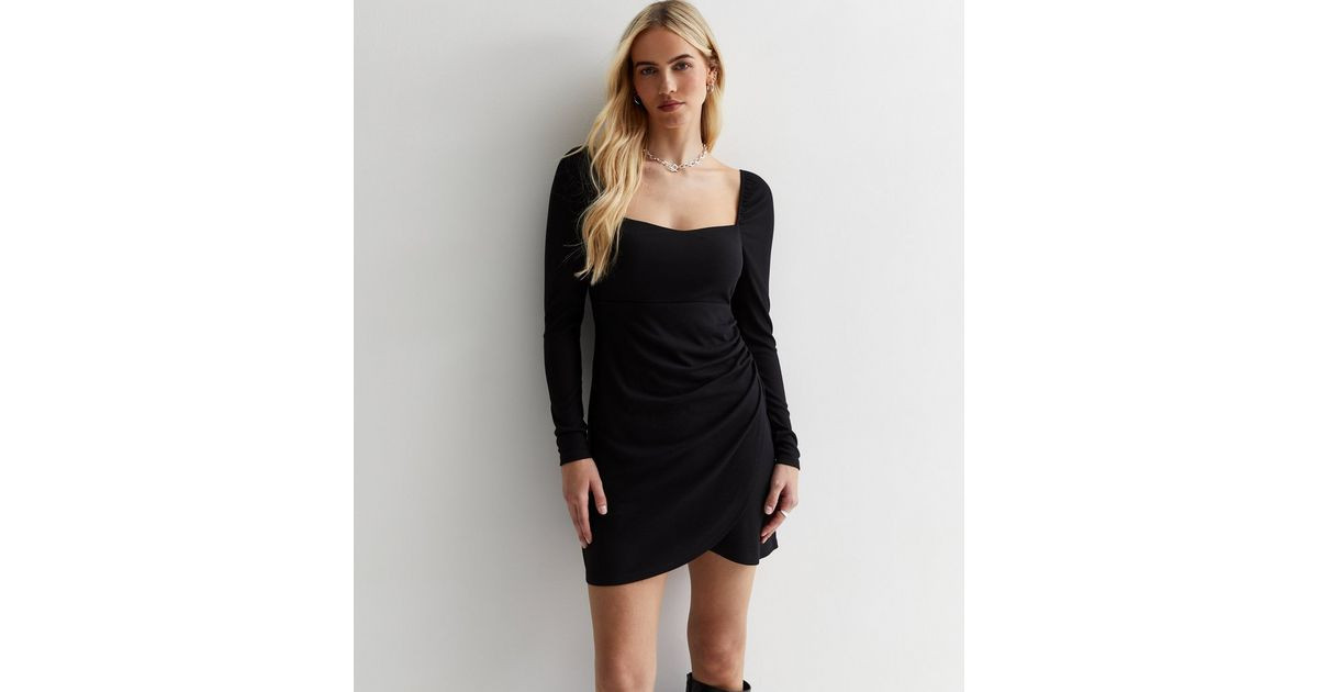 Black Ribbed Square Neck Wrap Mini Dress
						
						Add to Saved Items
						Remove from Saved ... | New Look (UK)