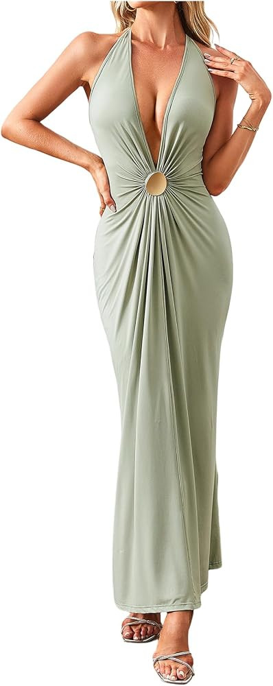 OYOANGLE Women's Halter Maxi Dress Deep V Neck Sexy Wedding Guest Dresses | Amazon (US)
