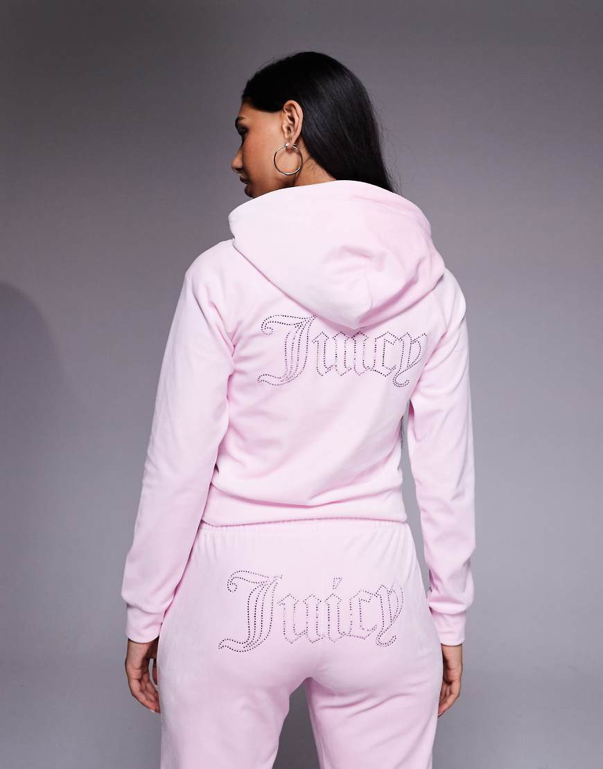 Juicy Couture co-ord velour zip through diamante outline logo hoodie in baby pink | ASOS (Global)