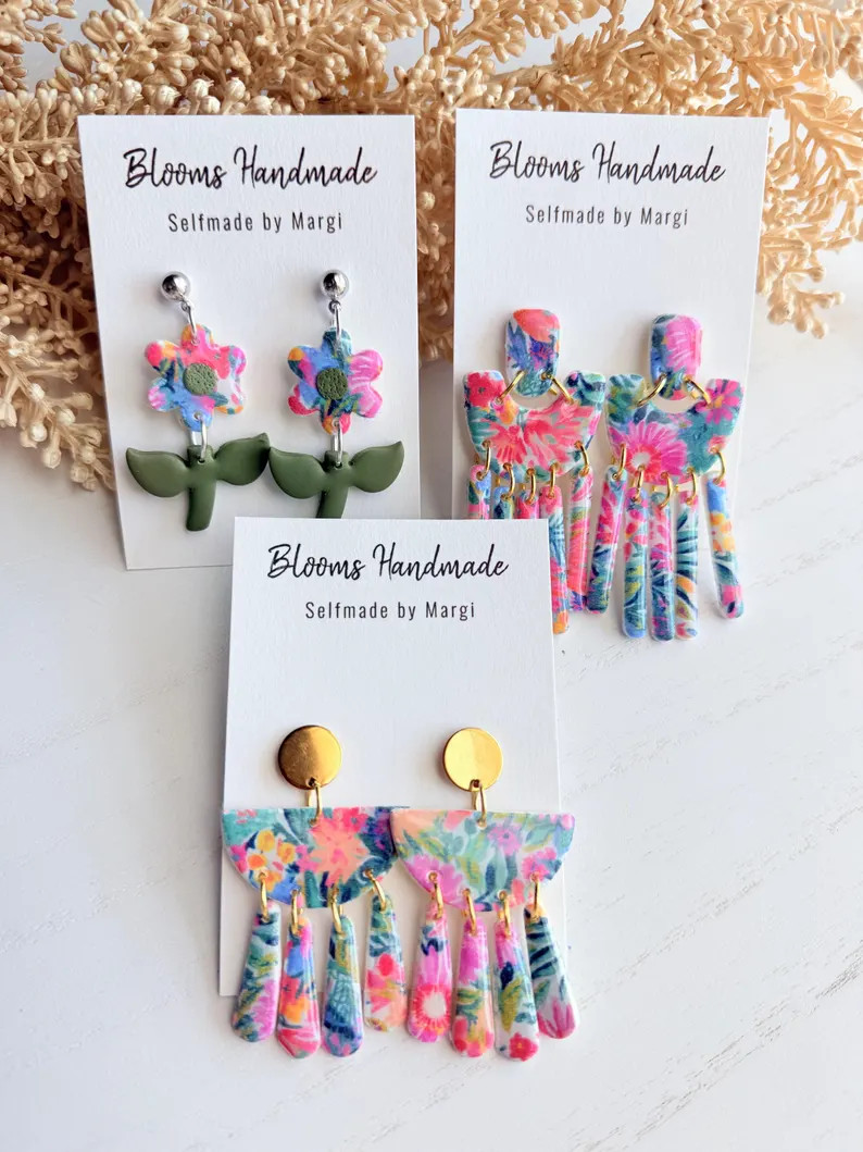 Handmade Floral Polymer Clay Earrings, Gold Tone Studs, Botanical Garden Dangle Jewelry - Etsy | Etsy (Global)