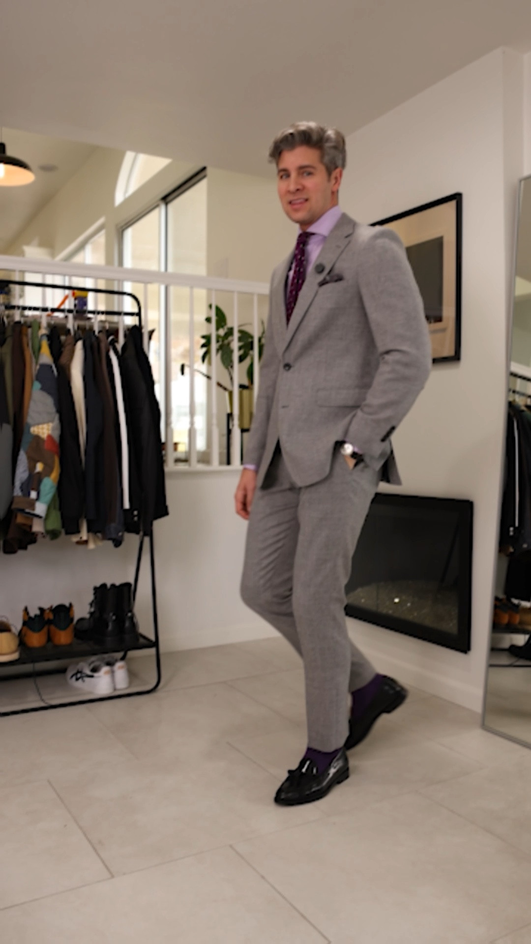 Gray suit with lavender work??