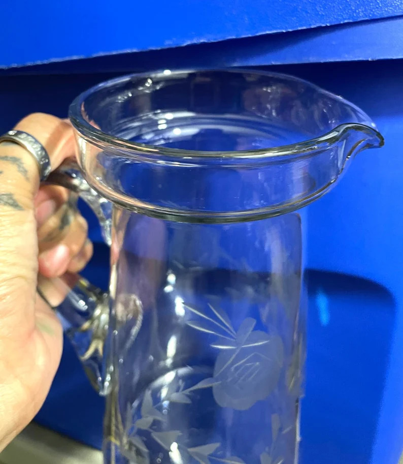 VTG Etched Flower Pitcher Clear Glass 8 With Spout - Etsy | Etsy (US)