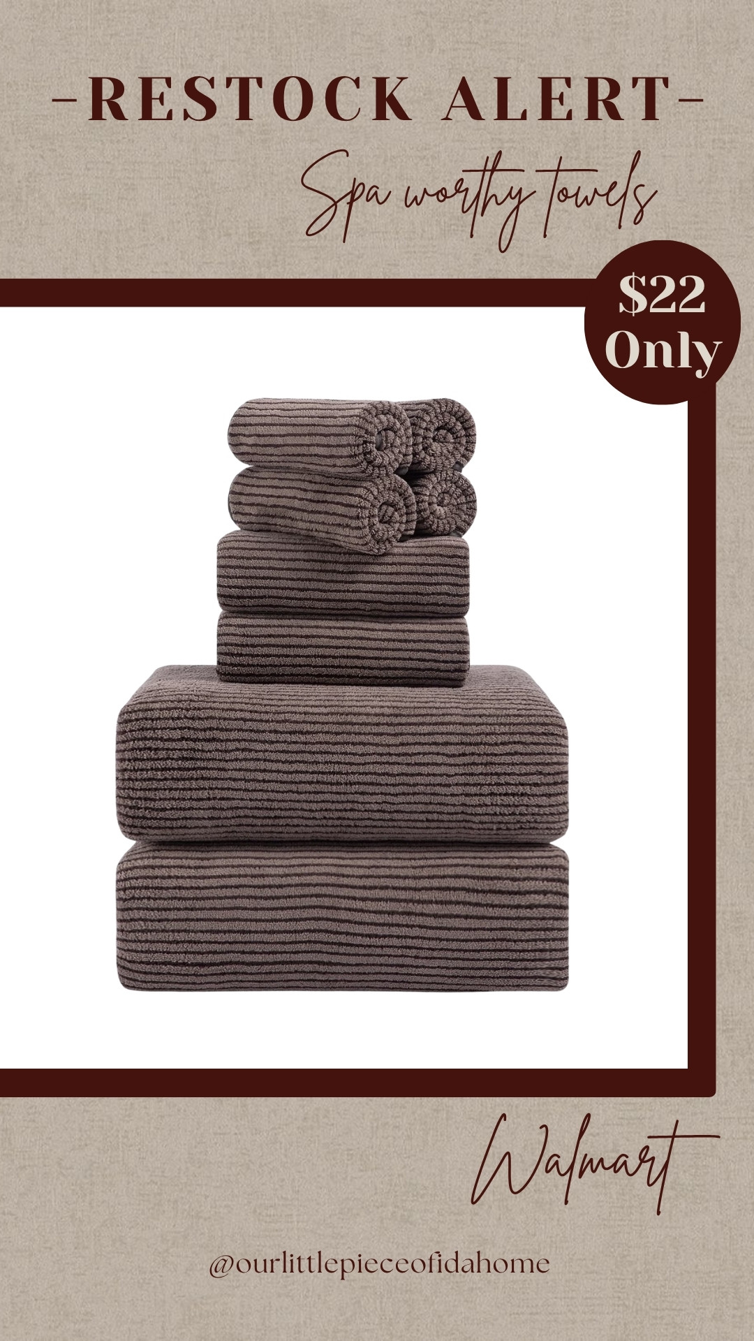 These towels are one of my favorite affordable bathroom upgrades. They have that soft, spa-like feel and the textured stripe adds just enough detail to make the space feel more elevated.

I’m always excited when these come back in stock. The color, texture, and price make them an easy choice for creating a warm, high-end bathroom look.
@Walmart 

 #LTKU #LTKHome #LTKSaleAlert