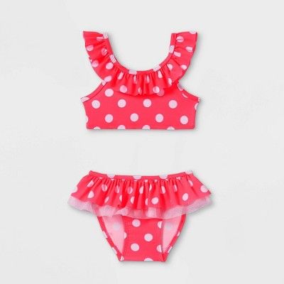 Toddler Girls' 2pc Polka Dot Ruffle Bikini Set - Cat & Jack™ Neon Pink | Target