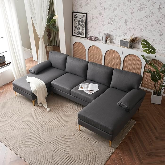 U-Shaped Modern Sectional Sofa with Double Chaise, Modern Fabric Sofa Couch with Brass Feet for L... | Amazon (US)