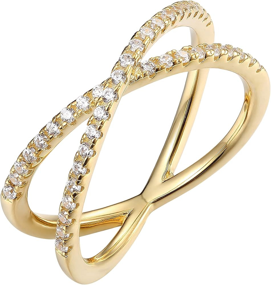 PAVOI 14K Gold Plated X Ring Simulated Diamond CZ Criss Cross Ring for Women | Amazon (US)