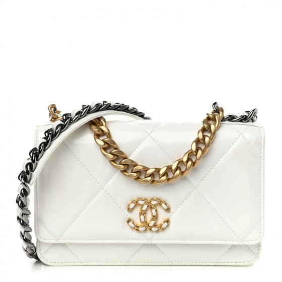 CHANEL Shiny Goatskin Quilted Chanel 19 Wallet On Chain WOC White | Fashionphile