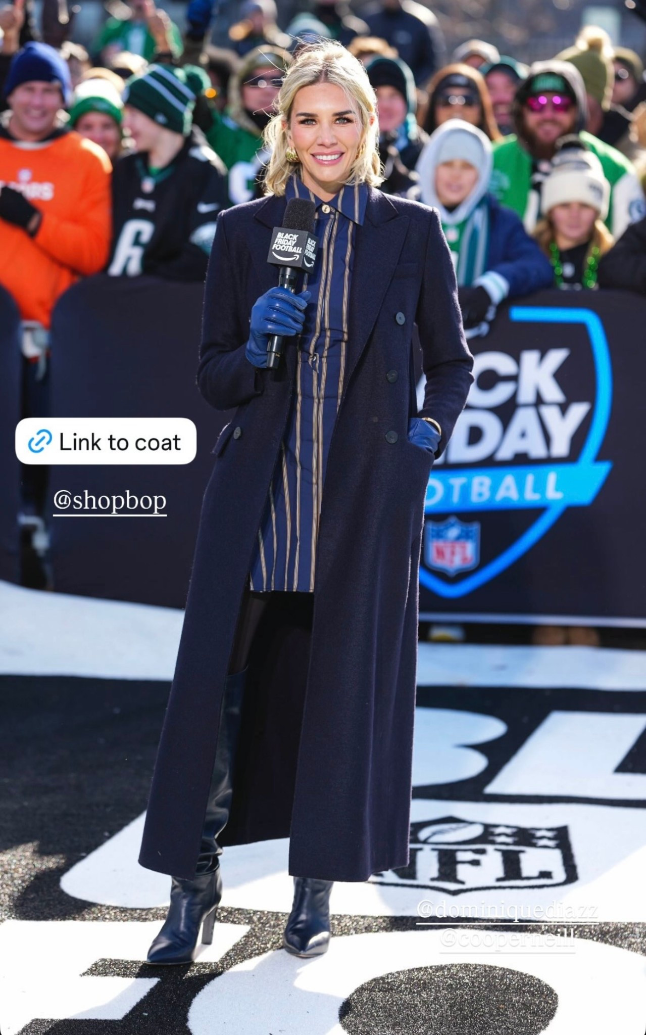 Charissa Thompson striped long sleeve dress and  Long Double Breasted Tailored Coat Pressed Wool