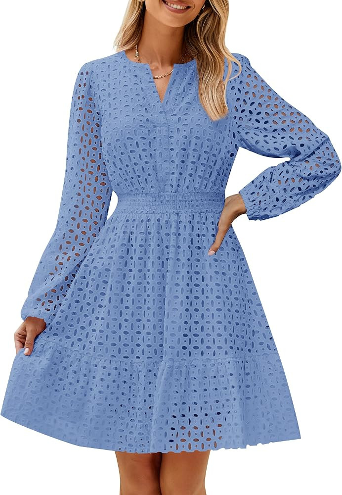 ZESICA Womens Fall Long Sleeve Eyelet Embroidery Mini Dress     V Neck, Hollow Out, High Waist, R... | Amazon (US)