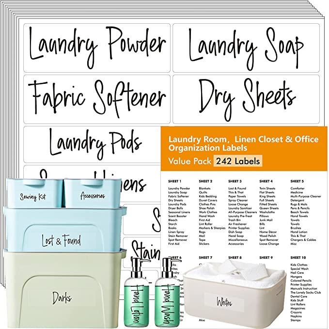 Hebayy 242 pcs Laundry Room, Linen Closet & Office Labels, 220 Pre-Printed Waterproof Oil&Tear Re... | Amazon (US)