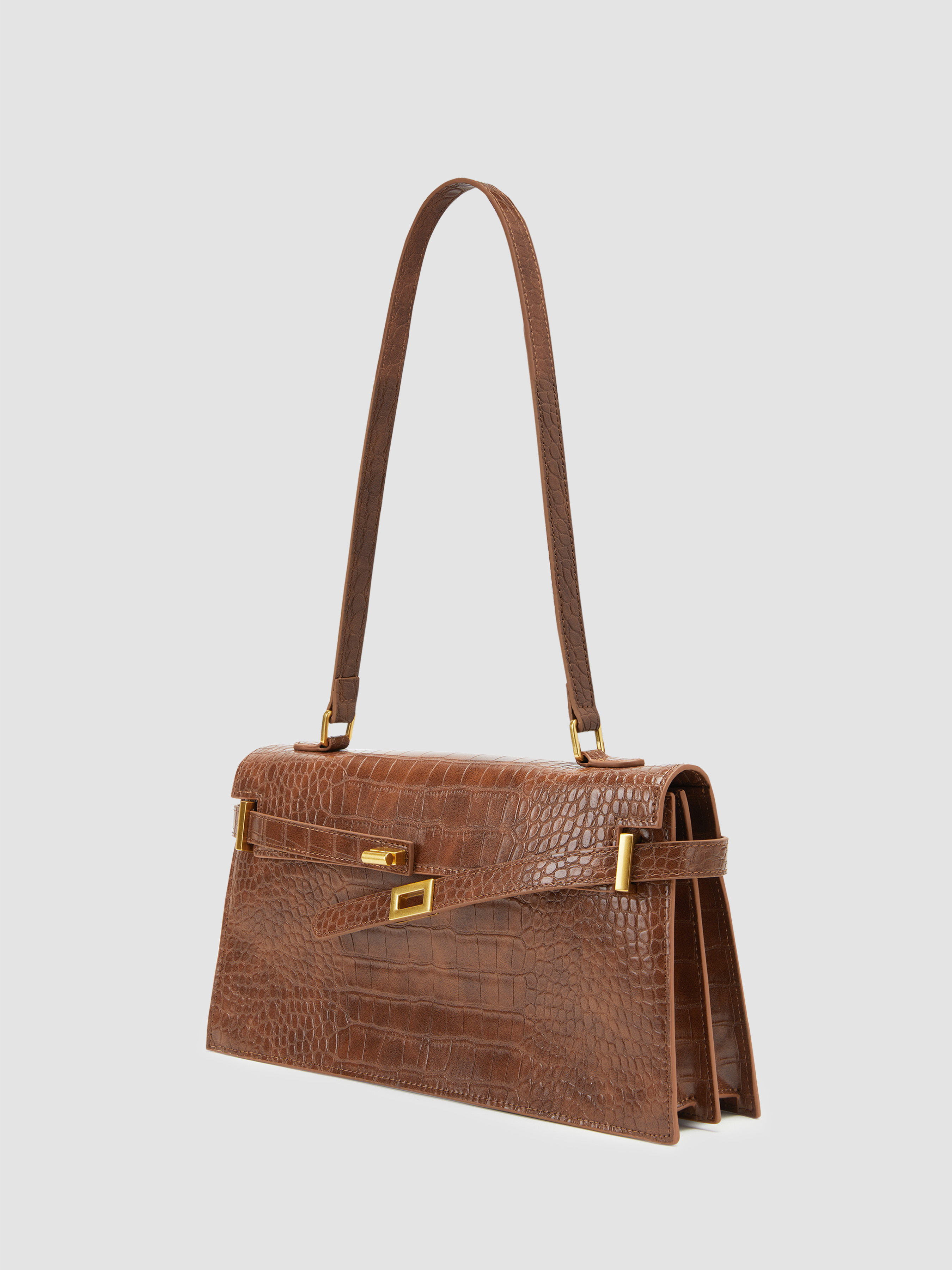 Faux Leather Fabric CROCODILE PATTERN BELTED RECTANGLE SHOULDER BAG For Daily Casual Date Work | Cider