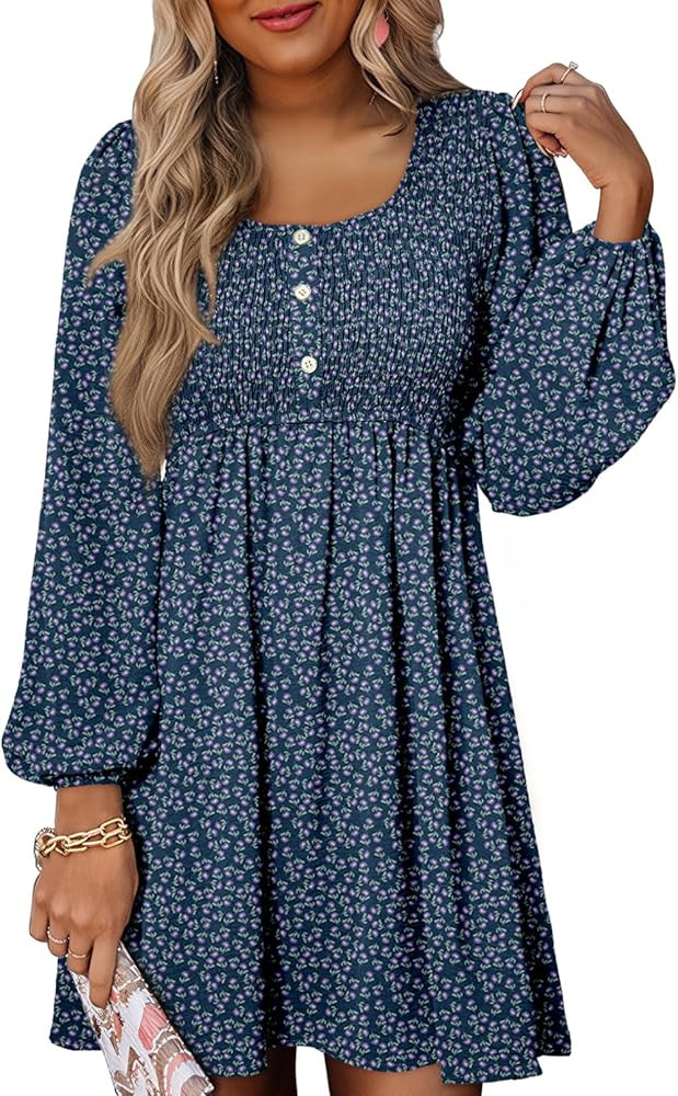 BLENCOT Womens Casual Dresses 2025 Long Sleeve Smocked Button Down Empire Waist A-Line Swing Mini... | Amazon (US)