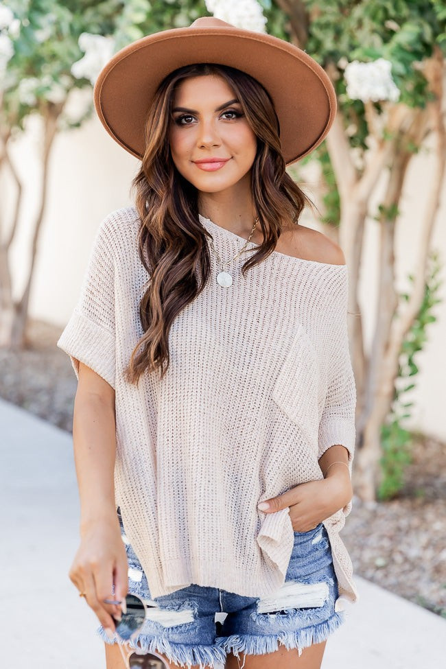 Driftwood Daydreams Taupe Lightweight Short Sleeve Sweater | Pink Lily