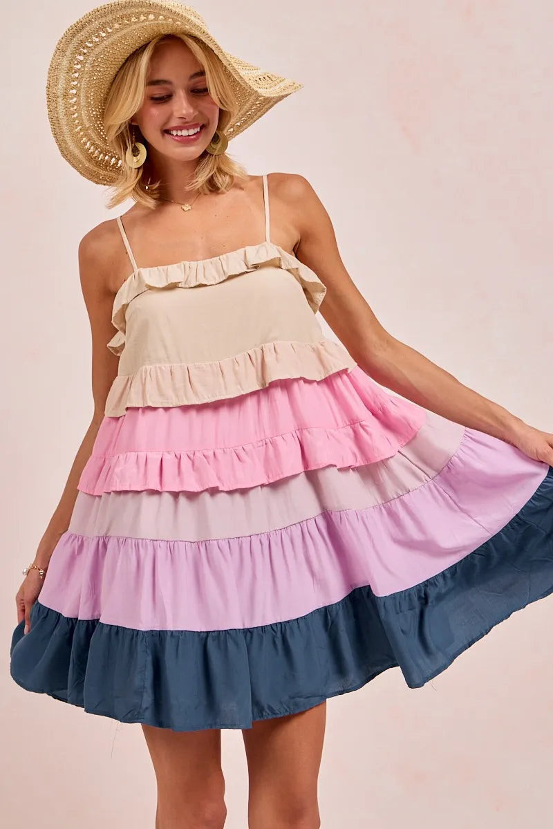 Color Blocked Tiered Dress CREAM/PINK/LILC/TEAL / S | Casual Chic Boutique