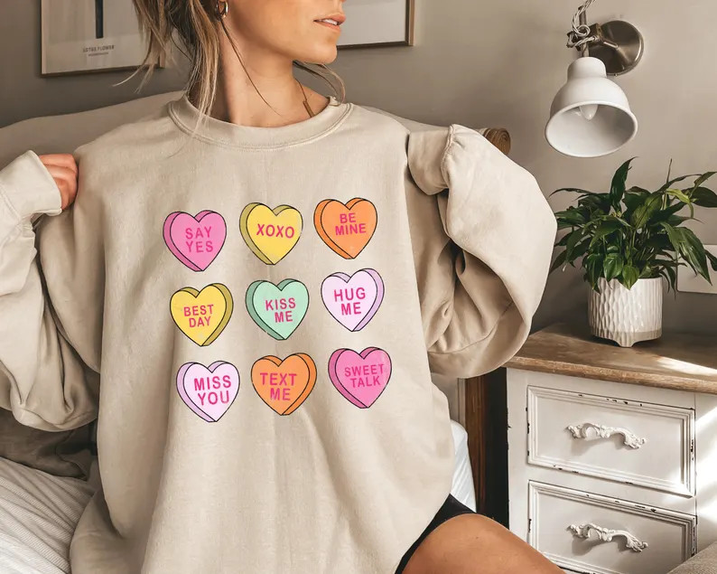 Conversation Hearts Valentines Day Sweatshirt & Hoodie, Candy Hearts Valentines Sweater, Valentin... | Etsy (US)