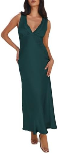 Summer Satin Lace V Neck Backless Wedding Guest Maxi Dresses for Women Elegant Sleeveless Open Ba... | Amazon (US)